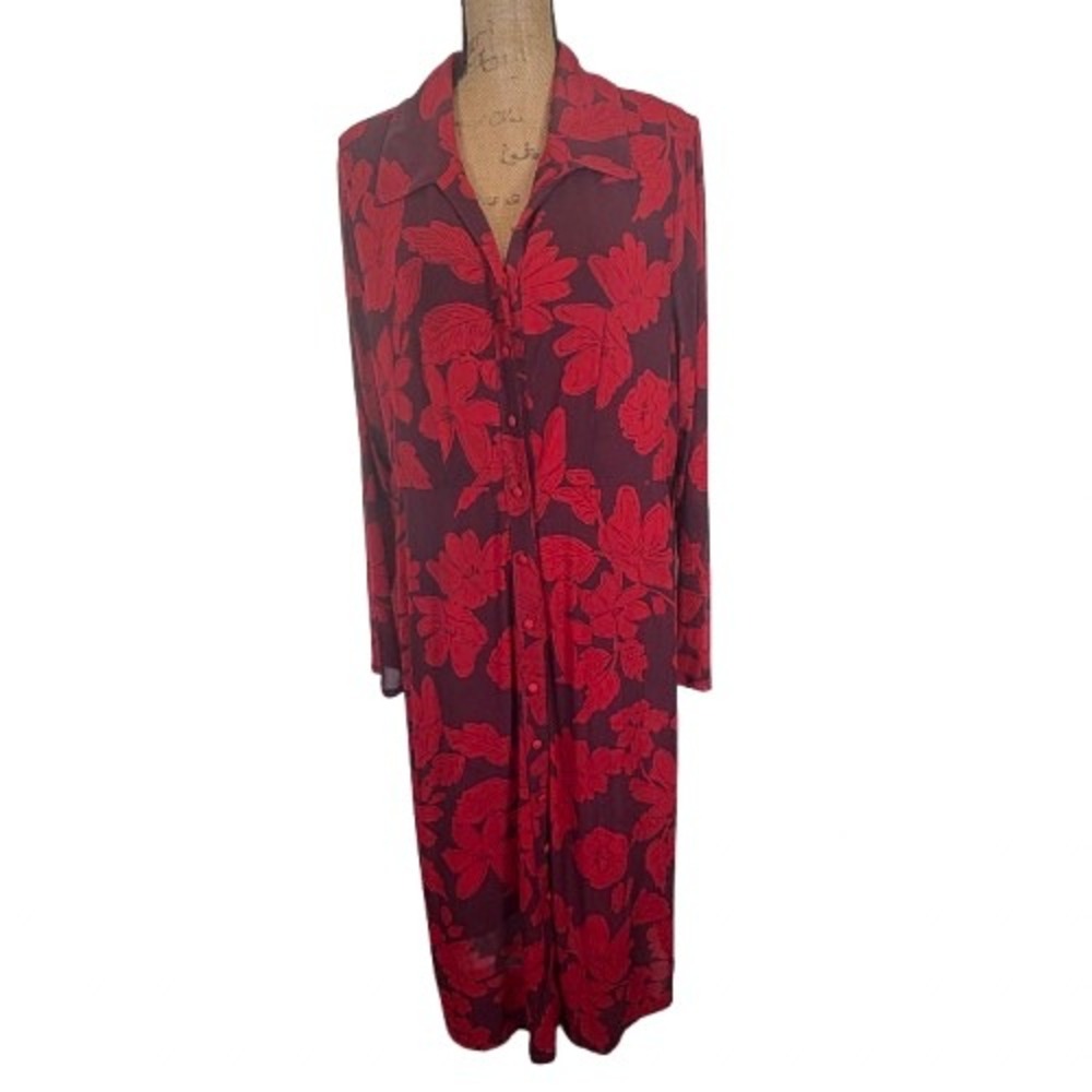 Cabi 4392 Fire and Ice Dress Red Purple Floral Mesh Shirt Dress Pockets Size XL
